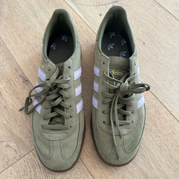 adidas Olive Green Suede Sneakers with White Stripes - Picture 2 of 3